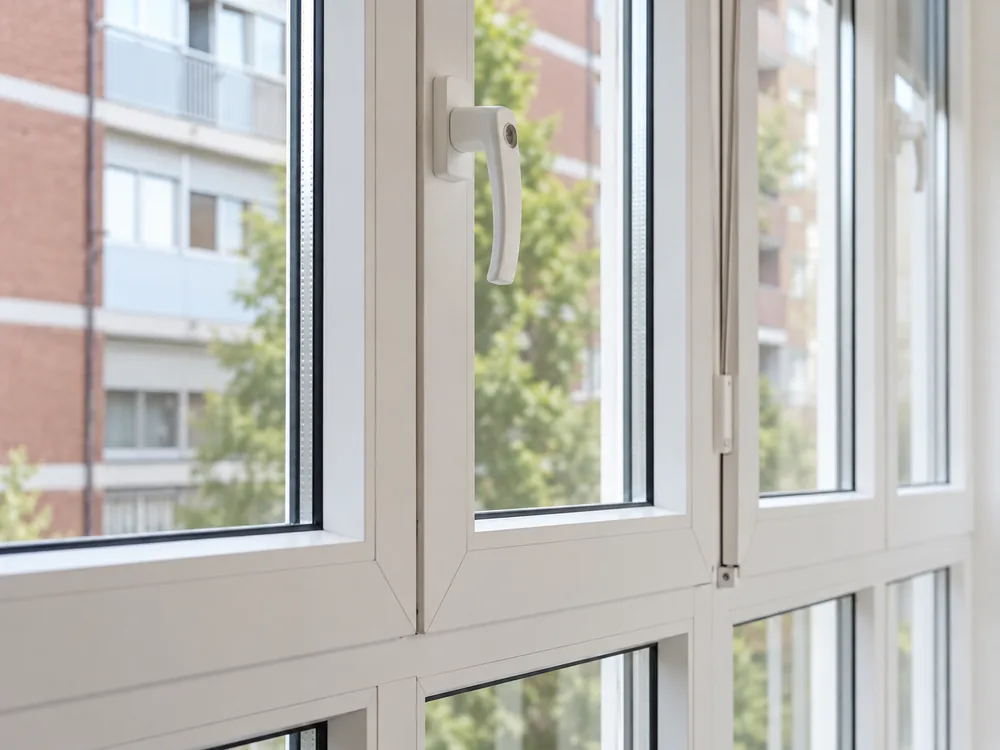 Detalle de manilla y marcos blancos en un cerramiento de balcón con ventanas