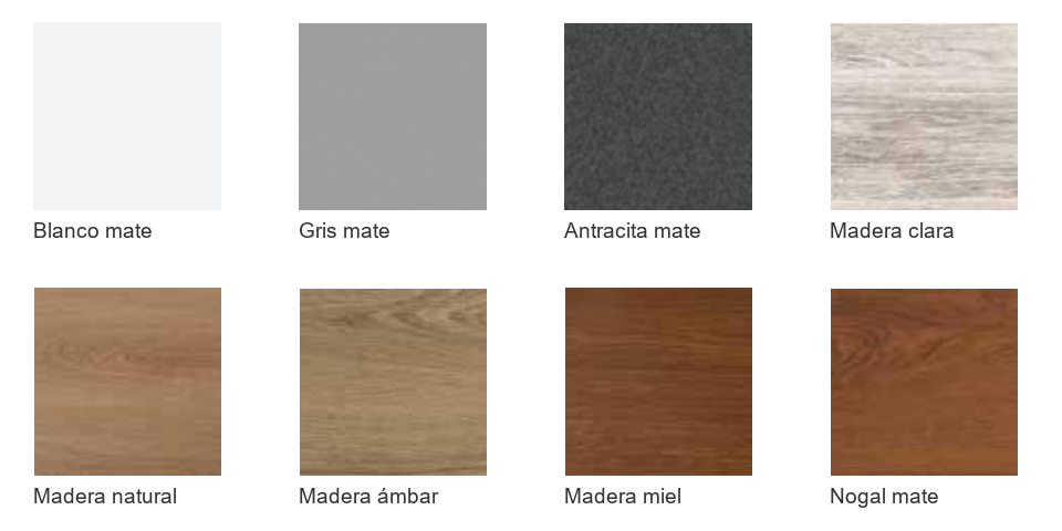 Muestras de acabados blancos, grises y tonos madera para ventanas