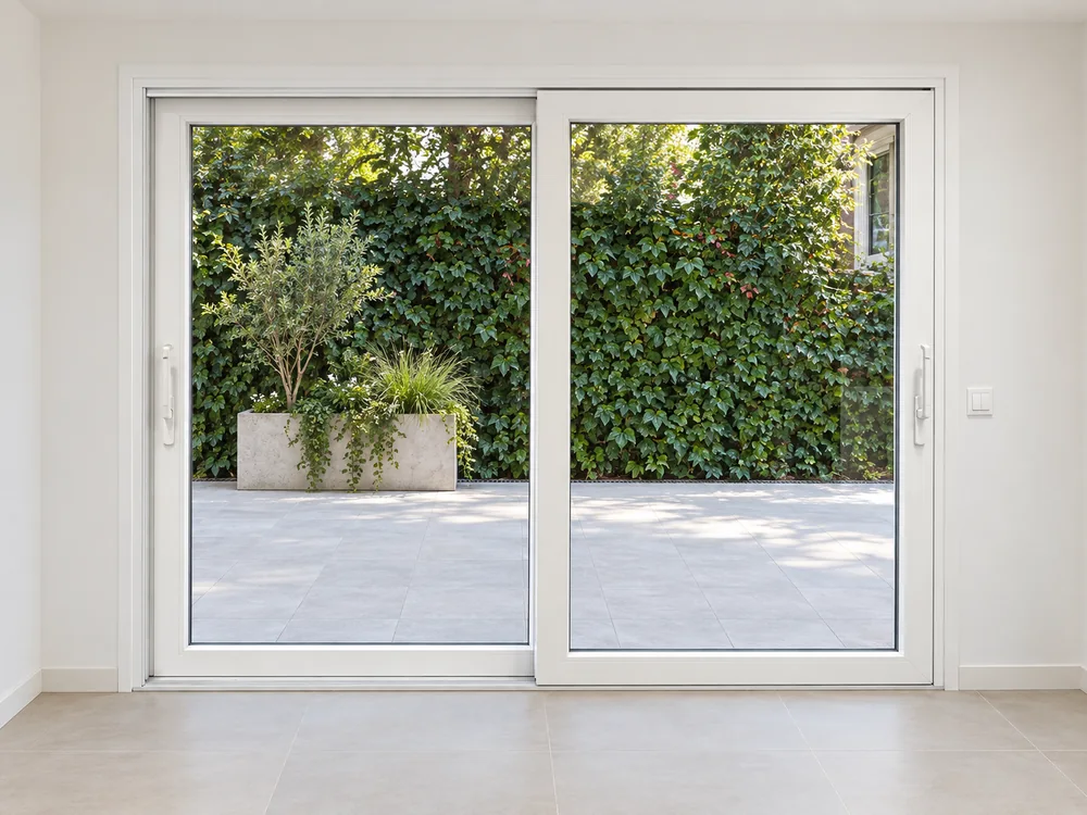 Puerta corredera de PVC blanco de dos hojas con salida al patio