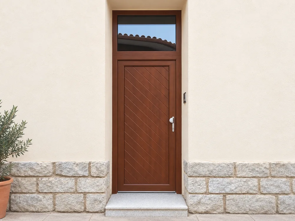 Puerta exterior de aluminio imitación madera con acristalamiento superior