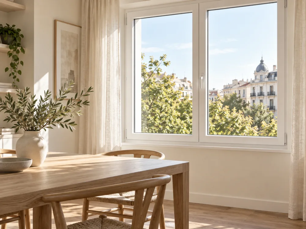 Ventana blanca de PVC en un comedor luminoso