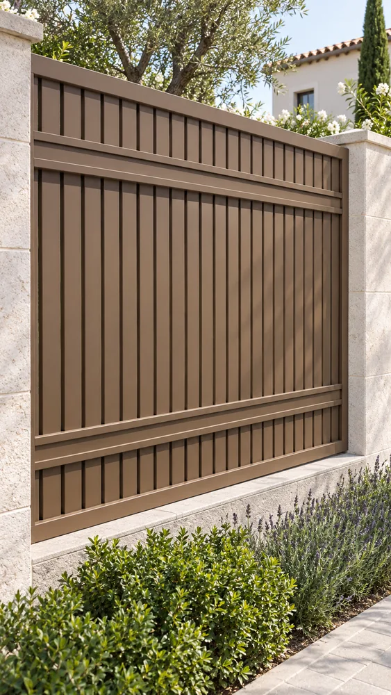 Valla de aluminio marrón con lamas verticales para jardín