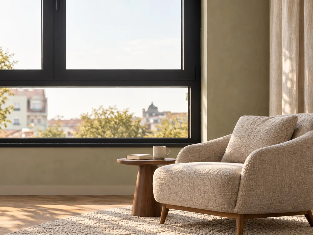 Ventana de acabado oscuro en un salón luminoso