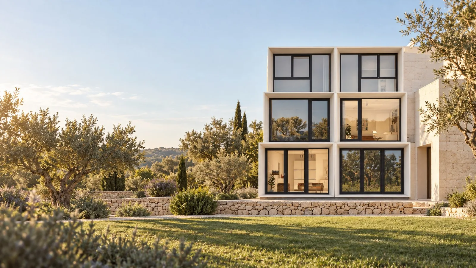 Fachada de vivienda con grandes ventanales de PVC y aluminio, imagen ilustrativa